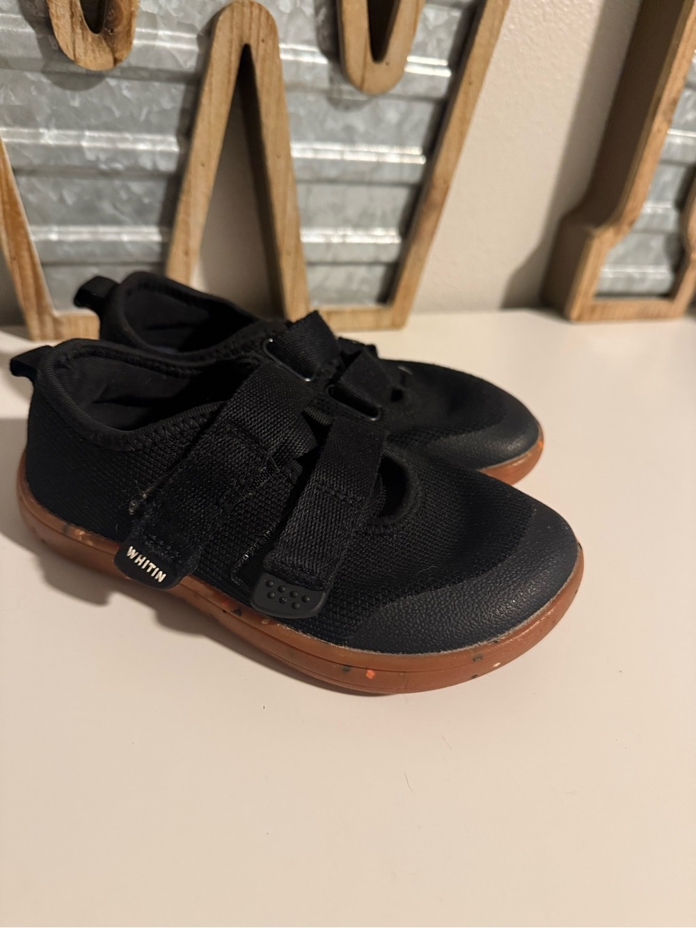 WHITIN Kids Black Barefoot Velcro Shoes with Brown Sole
